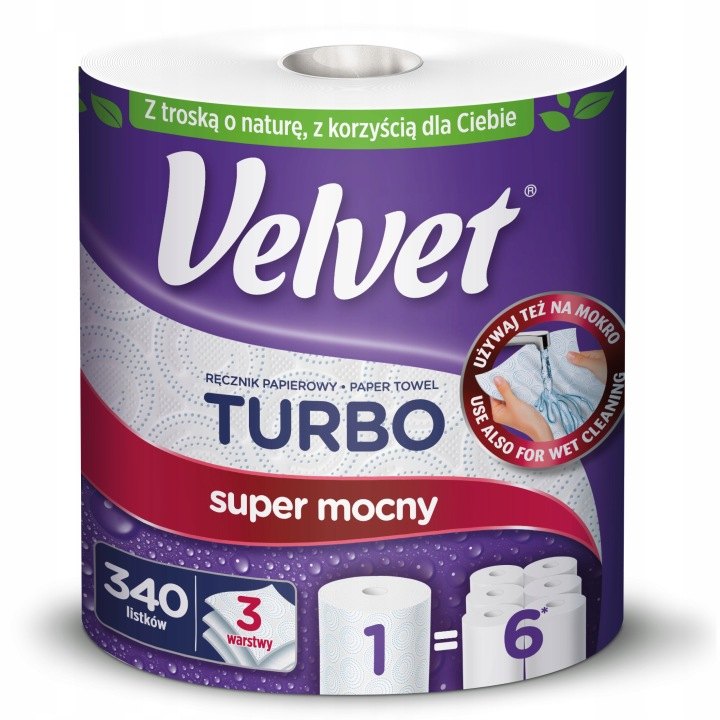 Papierové utierky Velvet Turbo, 6 roliek po 340 útržkov