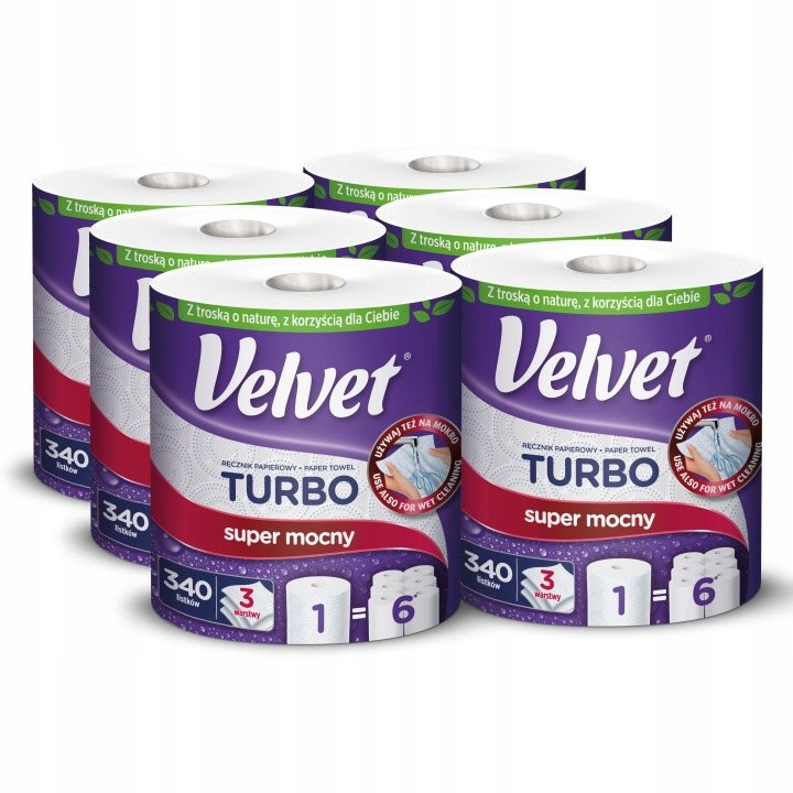 Papierové utierky Velvet Turbo, 6 roliek po 340 útržkov