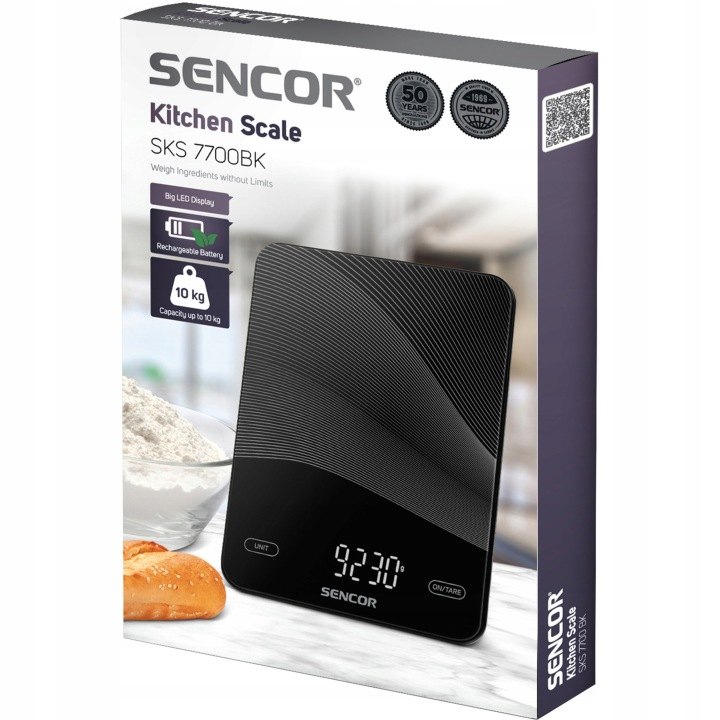 Kuchynská váha Sencor SKS 7700BK do 10 kg s nabíjaním cez USB-C