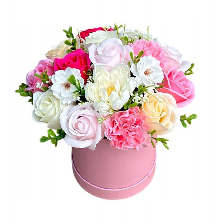 Ružový flower box s mydlovými kvetmi, výška 19–23 cm