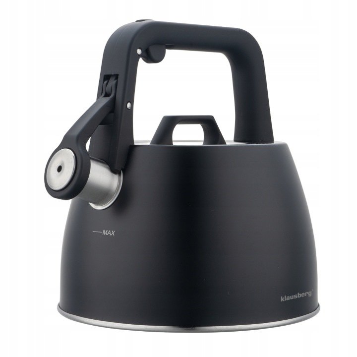 Klausberg KB-7915: čierna oceľová kanvica 2,5 l s píšťalkou