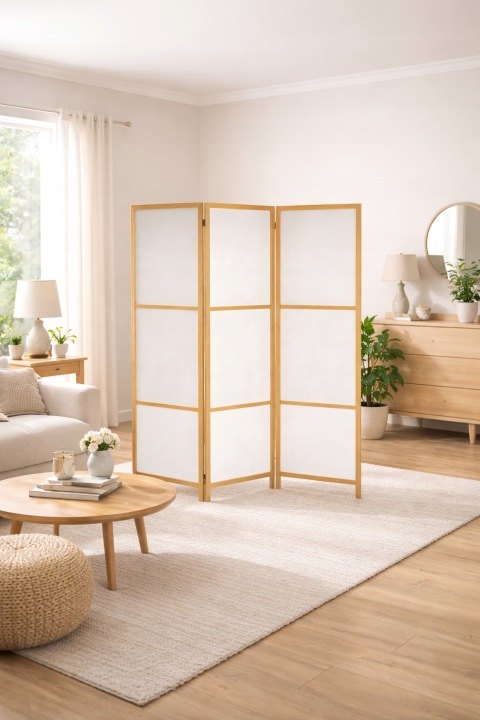 Biely drevený paraván RIIMARE Shoji J000, 3 diely 125 × 172 cm