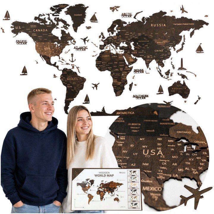 Drevená 3D mapa sveta Pinelini Wenge XL 130 × 72 cm