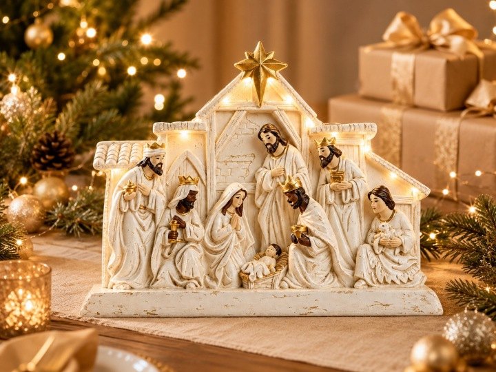 Vianočný betlehem s LED a koliedkami, 35 × 26,5 × 7,9 cm