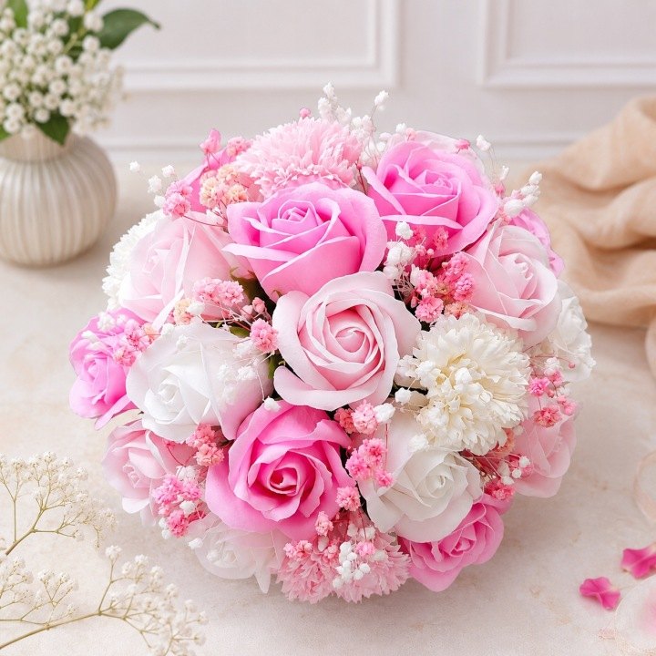 Bielo-ružový flower box s 22 mydlovými kvetmi, 27 cm