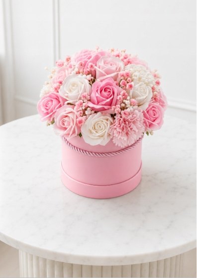 Bielo-ružový flower box s 22 mydlovými kvetmi, 27 cm