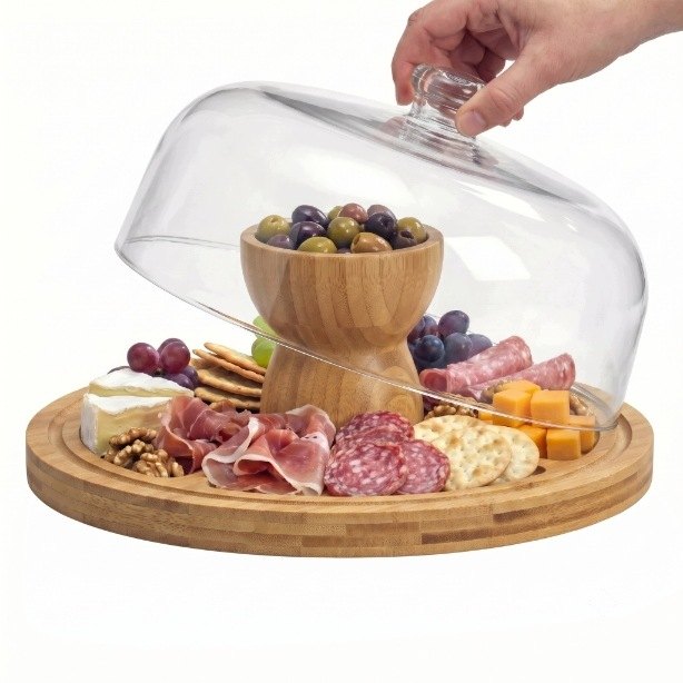 Bambusová patera Wellhaus 2 v 1 s akrylovým klošom 30 cm
