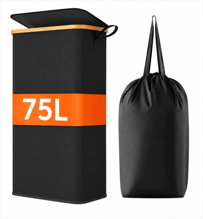 Čierny úzky skladací kôš na bielizeň 75 l s vekom