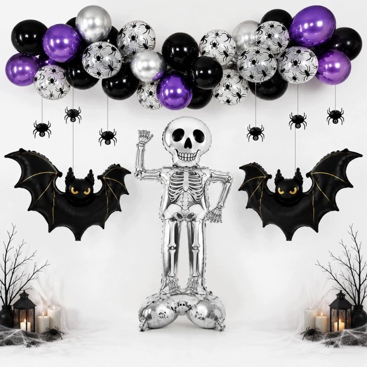 Halloweenska súprava balónov s kostrou, netopiermi a girlandou