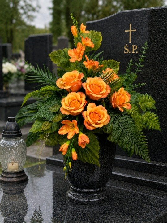 Oranžový náhrobný aranžmán OP s kyticou ruží a gladiol