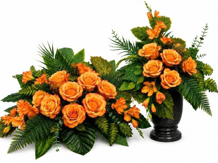 Oranžový náhrobný aranžmán OP s kyticou ruží a gladiol