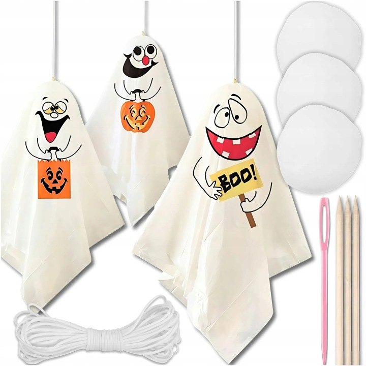 Závesné halloweenske duchy MEMFLOW, 3 biele dekorácie po 9 cm