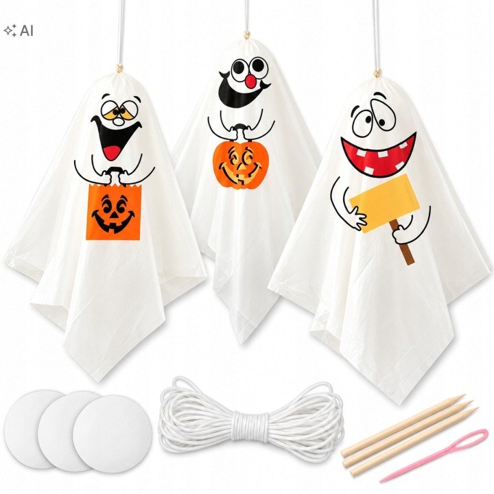 Závesné halloweenske duchy MEMFLOW, 3 biele dekorácie po 9 cm
