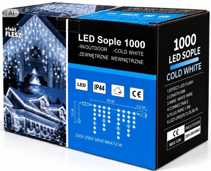 Vonkajšia svetelná záclona 1 000 LED, studená biela, 50 m
