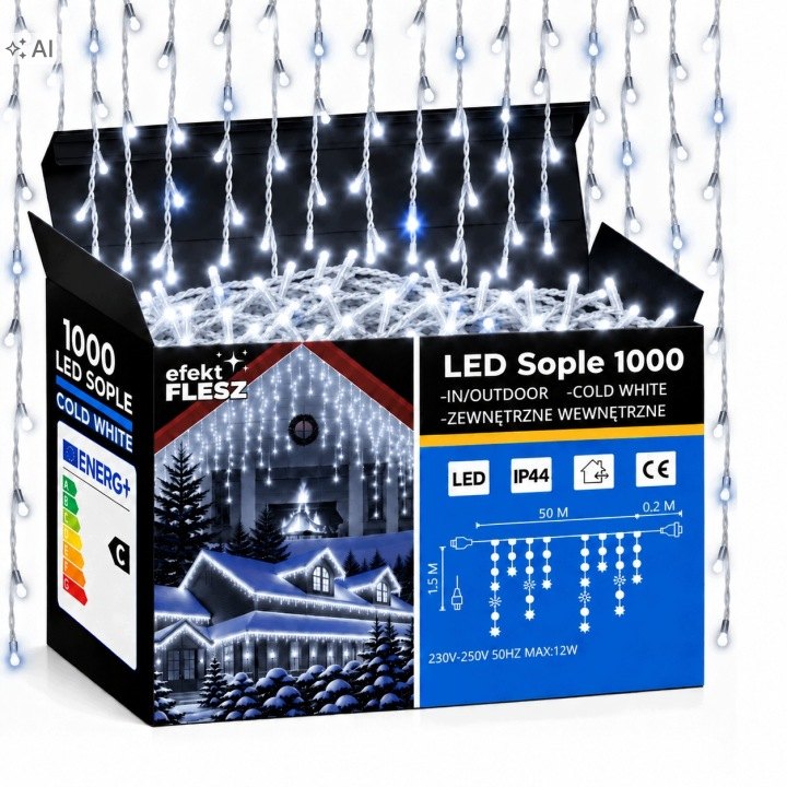 Vonkajšia svetelná záclona 1 000 LED, studená biela, 50 m