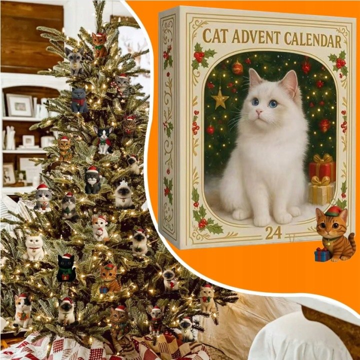 Adventný kalendár s 24 mačacími ozdobami na stromček