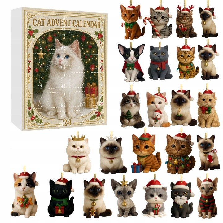 Adventný kalendár s 24 mačacími ozdobami na stromček