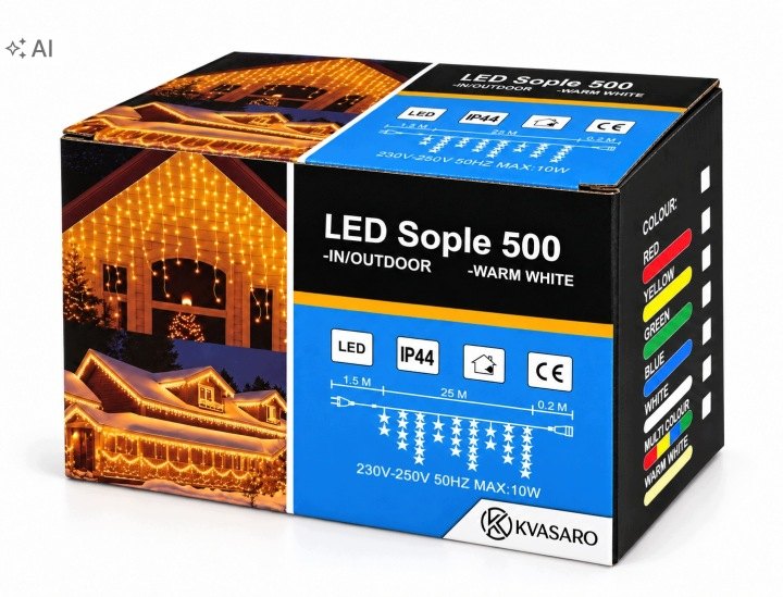 Svetelné cencúle Kvasaro S500WW-KV-2, 500 LED a 25 m