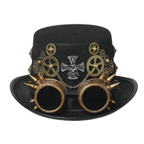 Čierny steampunkový kostýmový klobúk s okuliarmi