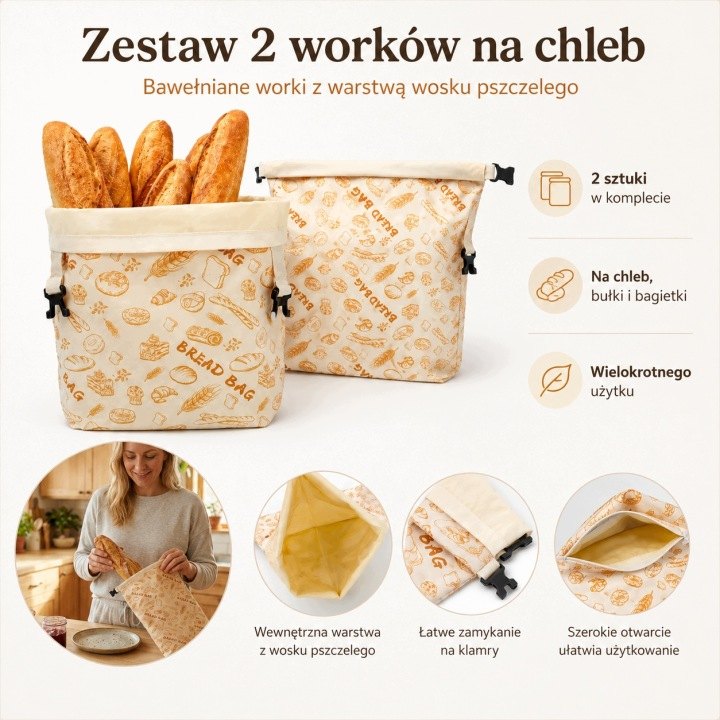Dve voskované bavlnené vrecká na chlieb 33 × 43 cm