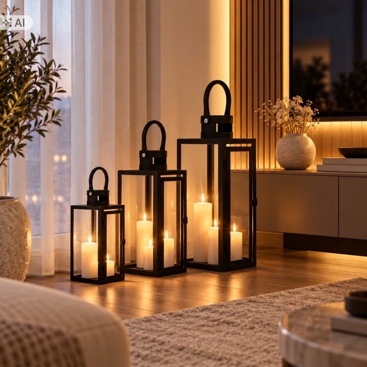 Sada troch čiernych lampášov Aptel 65, 50 a 38 cm