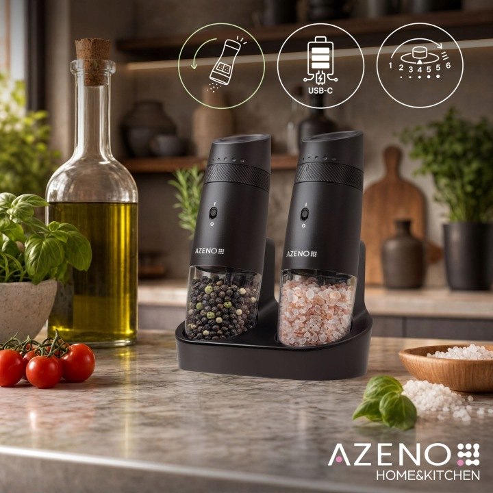 AZENO AZ-0147B elektrické mlynčeky na soľ a korenie, 2 kusy s USB-C