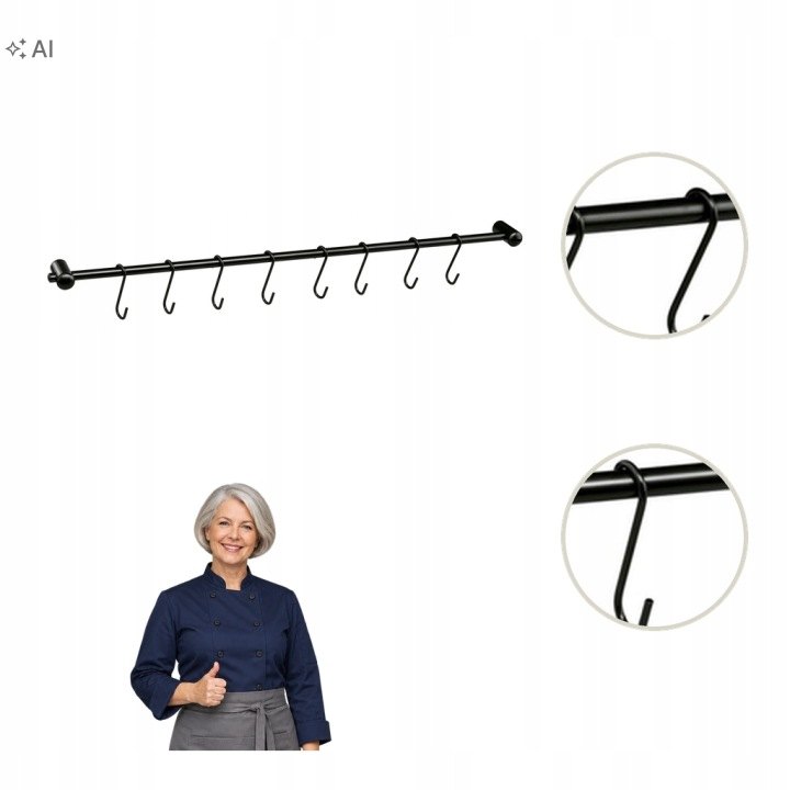 Tadar sada 2 čiernych kuchynských relingov 54 cm s 8 háčikmi