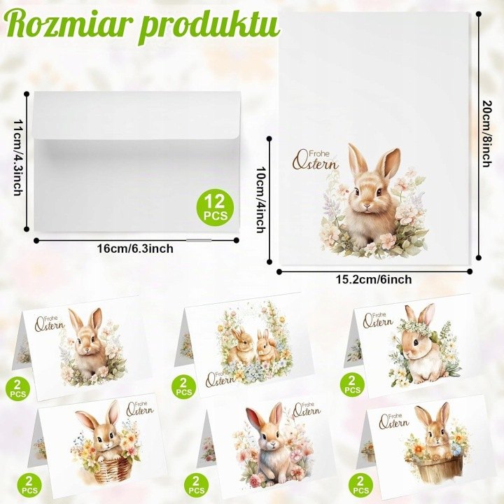 Súprava 12 veľkonočných pohľadníc s kvetmi a zajačikmi