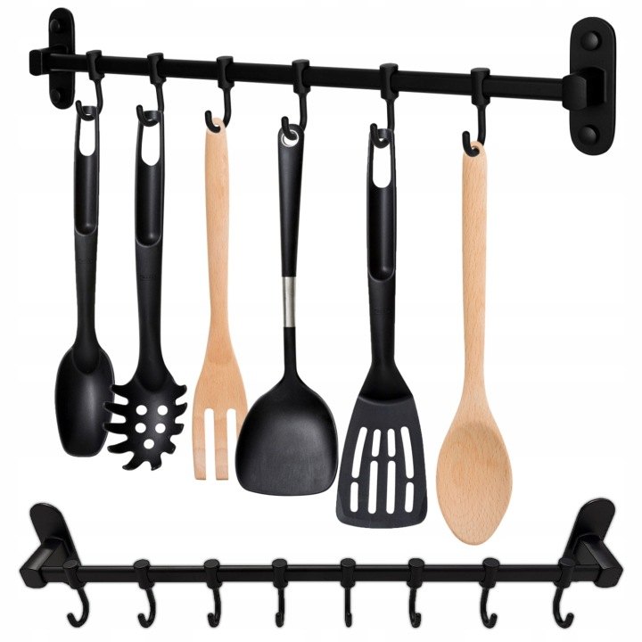Mensen čierny kuchynský reling 50 cm s 8 pohyblivými háčikmi