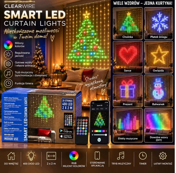 Svetelná LED záclona RGB so 400 svetlami 182 × 122 cm