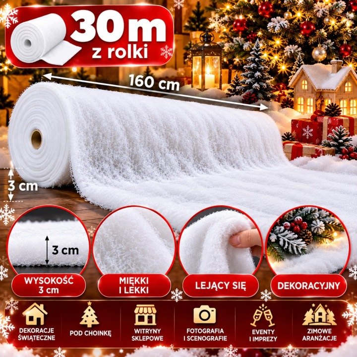 Umelý sneh Ultrasonic v rolke, 30 m × 160 cm, hrúbka 3 cm