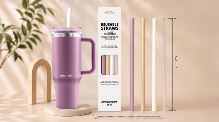 Opakovane použiteľné slamky Berdsen 29,5 cm, 4 ks s kefkou