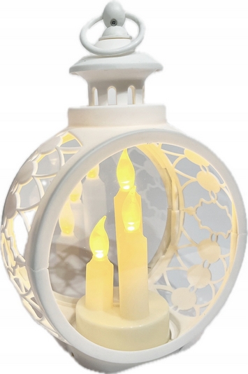 Biela okrúhla lampa s 3 LED sviečkami, cieplo žlté svetlo imitujúce skutočné plamene