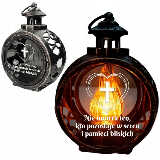 LED Lampión na Hrob so Živým Plameňom a Gravírovaným Krížom - Exkluzívny Dizajn