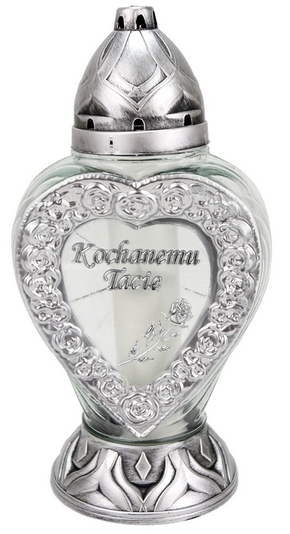 Elegantný náhrobný svietnik "Milovanému Otcovi" so striebornými detailmi a ružou