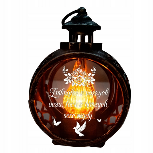 Votívna LED lampa na hrob so strieborným vygravírovaným motívom a živým plameňom