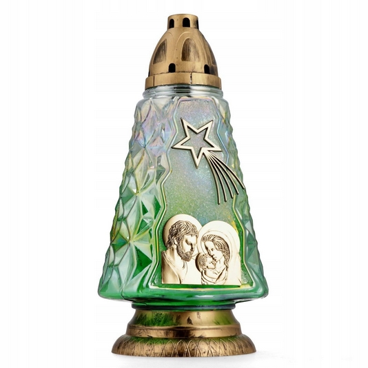 Sklenená cintorínska lampa "Svätá rodina" s vianočným dizajnom