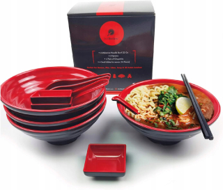 Kuchynská miska - 16x JAPONSKÉ RAMENOVÉ MISKY SÚPRAVA TYČIEK RAMEN LYŽIČKY UZU ČERVENÉ VEĽKÉ