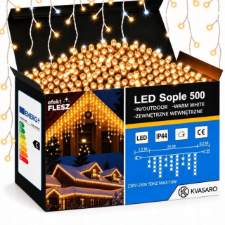 Teplobiela svetelná záclona Kvasaro 500 LED s bielym blikaním, 25 m