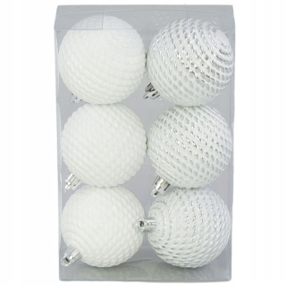 Vianočné ozdoby - [680569] BAUBLES 6 cm biele 6 kusov vodorovné pruhy
