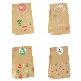 ADVENTNÝ KALENDÁR DIY KRAFT PAPIEROVÉ TAŠKY VIANOČNÝ DARČEK 24ks