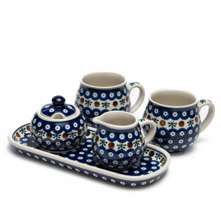 Porcelán, servis - Čajový a kávový servis Ceramika Anna Wróbel K2, 5 kusov, biela a modrá