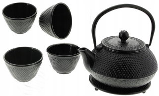 Čajník, kanvica na čaj - Liatinový kotol kanvice + stojan +4 Czerki sadu