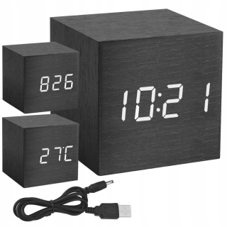 Hodiny - Drevené hodiny LED budík kalendár teplomer USB