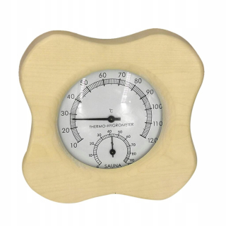 Teplomer z dreveného miestnosti pre saunu a hygrometer