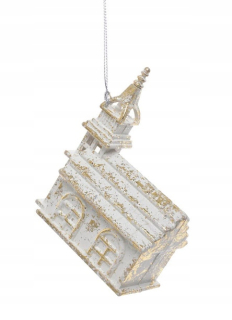 Vianočné ozdoby - Kostol biely a zlatý dekoratívny prívesok 9,5 cm Bauble