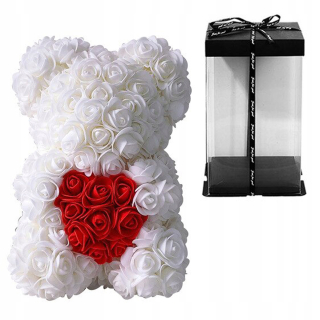 Medvedík okvetné lístky ruží červené srdce 25cm + box