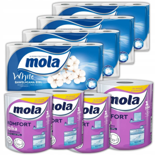 Toaletný papier - 4× Mola toaletný papier neparfumovaný 8 ks + 4× Mola Komfort celulózová papierová utierka, biela, 300 listov