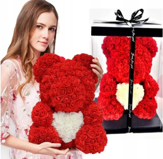 Kvetinový medvedík s červenou ružou 25cm Roses lístkov