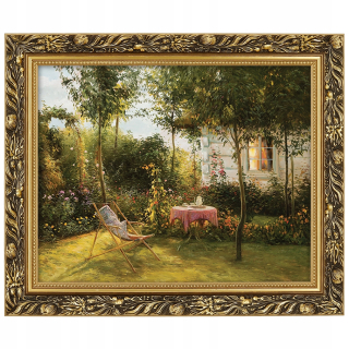 Obrázok v zlatom ráme 40x50 cm dom v záhradných kvetoch